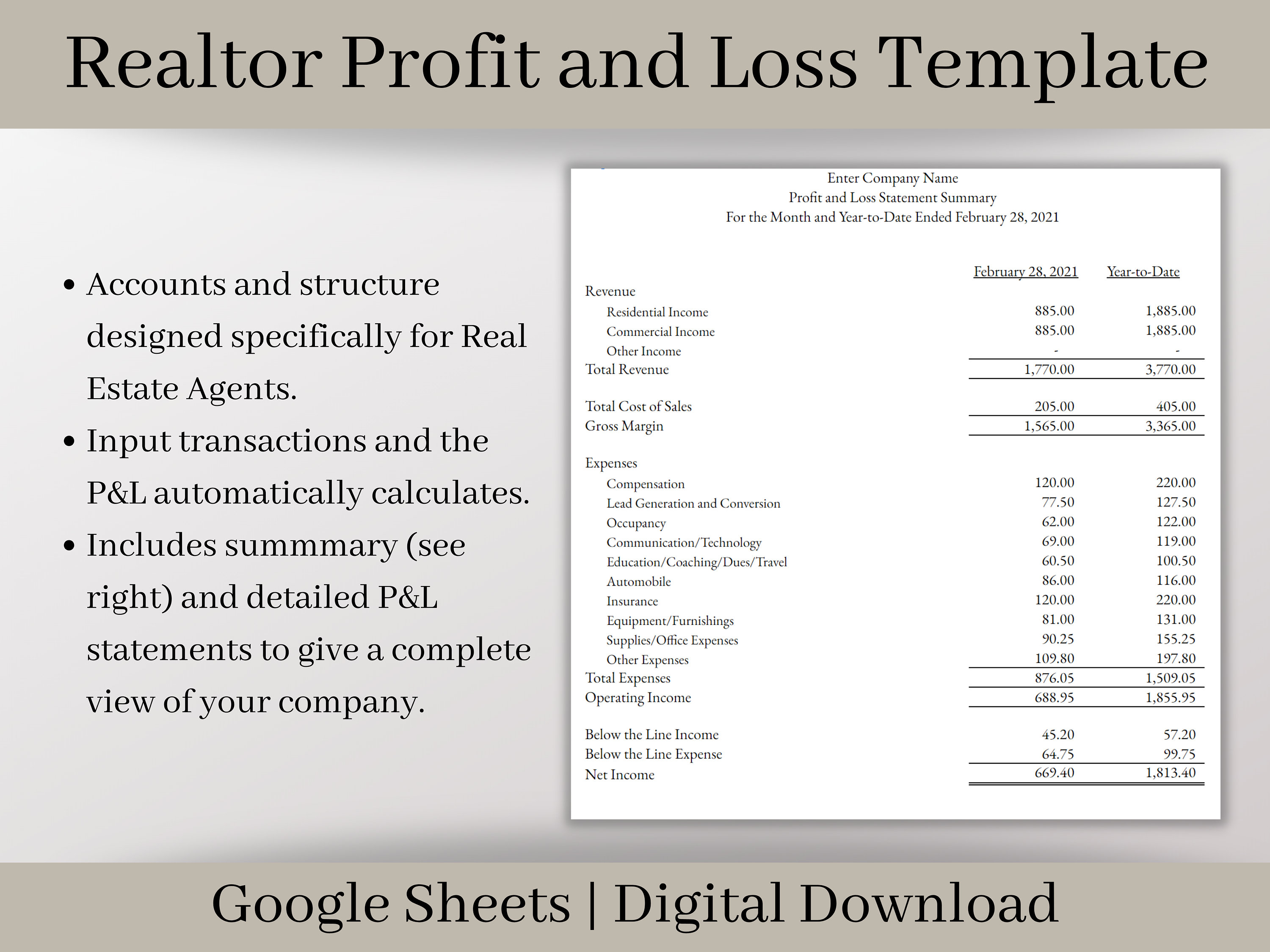 Simple Realtor Automated Profit and Loss Spreadsheet, Easy to Use Simple Realtor Automated Profit and Loss Spreadsheet, Easy to Use