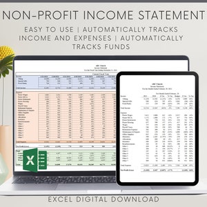 Peut inclure: Un ordinateur portable et une tablette affichent un état des résultats d'une organisation à but non lucratif. Les écrans montrent des données financières avec des colonnes et des lignes. L'ordinateur portable affiche une icône Excel. Le texte indique "Facile à utiliser".