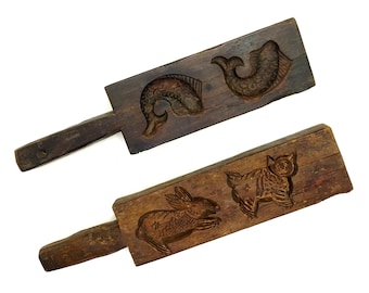 SET OF 2 Antique Wooden Cookie Molds Primitive Carved Handmade Oriental Baking Mold Rustic Style Home Decor Country House Kitchen Farmhouse