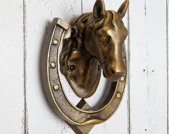 Llamador de puerta de latón macizo con forma de cabeza de caballo y herradura – Decoración de entrada estilo granja del oeste