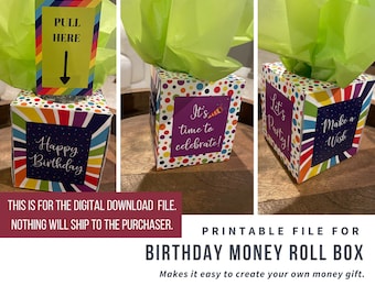 Regalo de rollo de dinero de cumpleaños imprimible / Ideas de regalos de dinero / Regalos de cumpleaños / Imprimible para regalo de dinero de caja de pañuelos de cumpleaños
