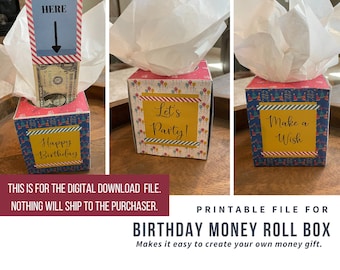 Regalo de rollo de dinero de cumpleaños imprimible / Ideas de regalos de dinero / Regalos de cumpleaños / Imprimible para regalo de dinero de caja de pañuelos de cumpleaños