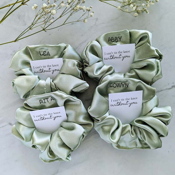 Personalized Scrunchie | Will You Be My Bridesmaid Gifts | Custom Bachelorette Scrunchies | Bridesmaid Proposal Box | Sage Green Scrunchie