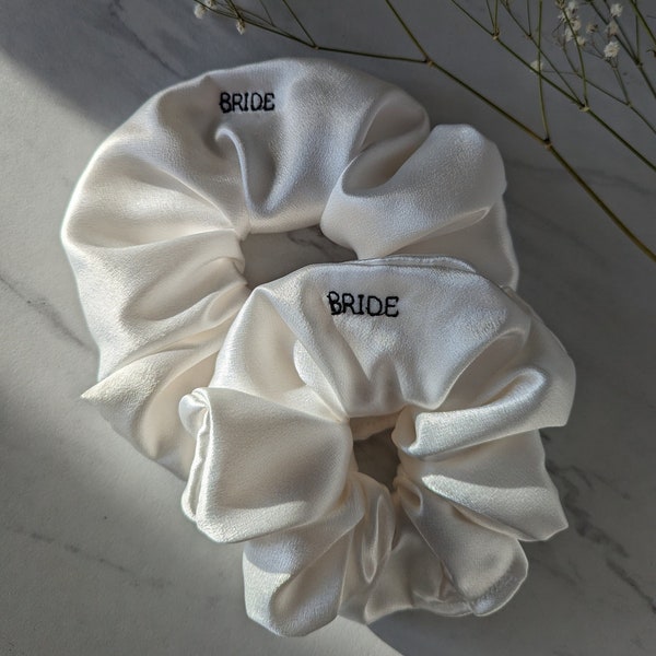 Personalized Bridesmaid Scrunchie | BRIDE Gift | Bachelorette Gift | Custom Wedding Gifts | Bridesmaid Proposal Box | Ivory Satin Scrunchie