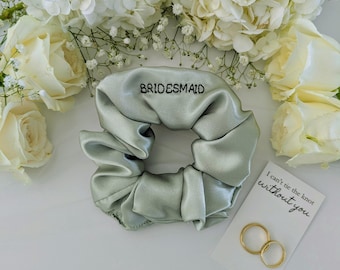 Custom Sage Green Satin Scrunchie | Will You Be My Bridesmaid Gifts |  Bachelorette & Bridal Shower Scrunchies | Bridesmaid Proposal Box