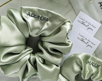 Custom Sage Green Satin Scrunchie | Will You Be My Bridesmaid Gifts |  Bachelorette & Bridal Shower Scrunchies | Bridesmaid Proposal Box