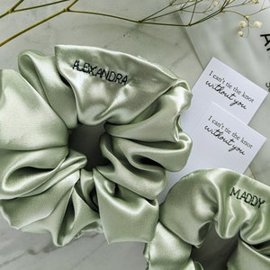 Custom Sage Green Satin Scrunchie | Will You Be My Bridesmaid Gifts |  Bachelorette & Bridal Shower Scrunchies | Bridesmaid Proposal Box