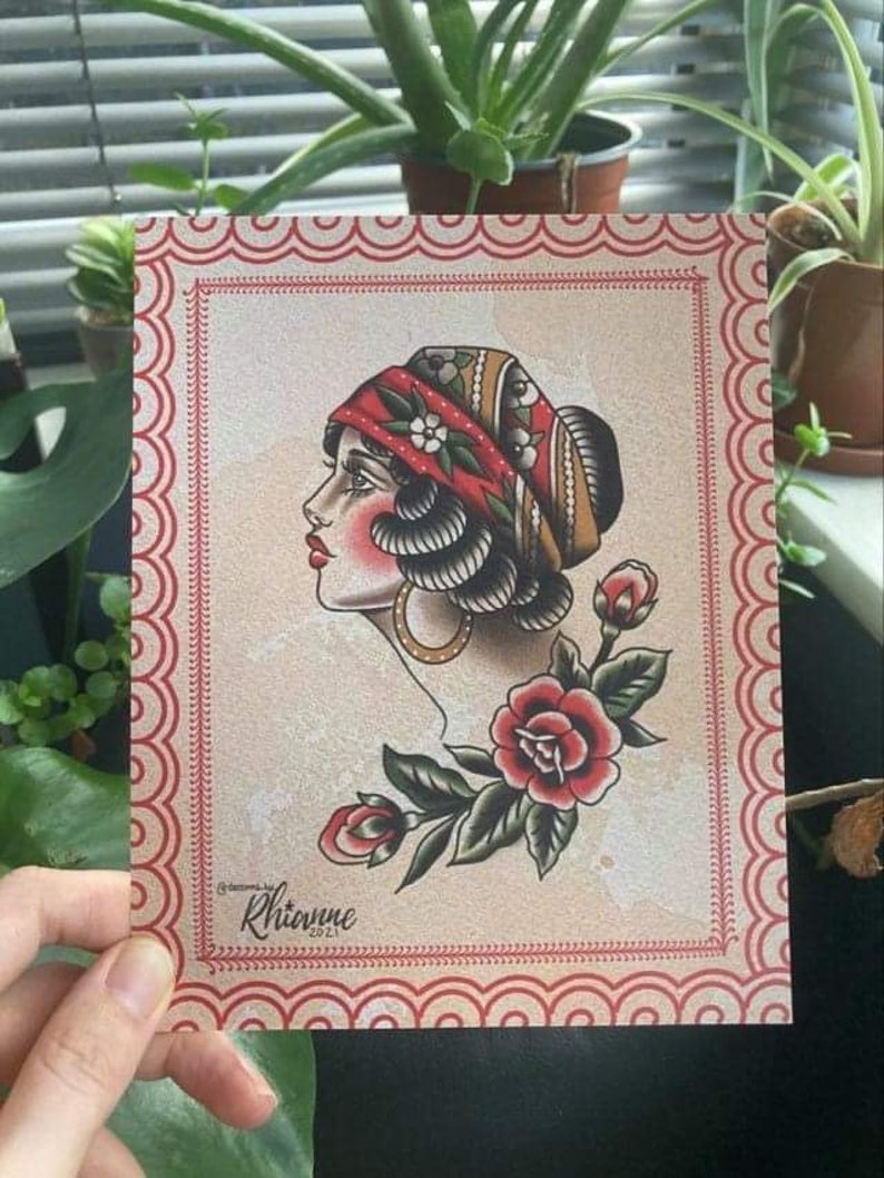 A5 Traditional Tattoo Flash Lady Head Tattoo Art Print Vintage Etsy