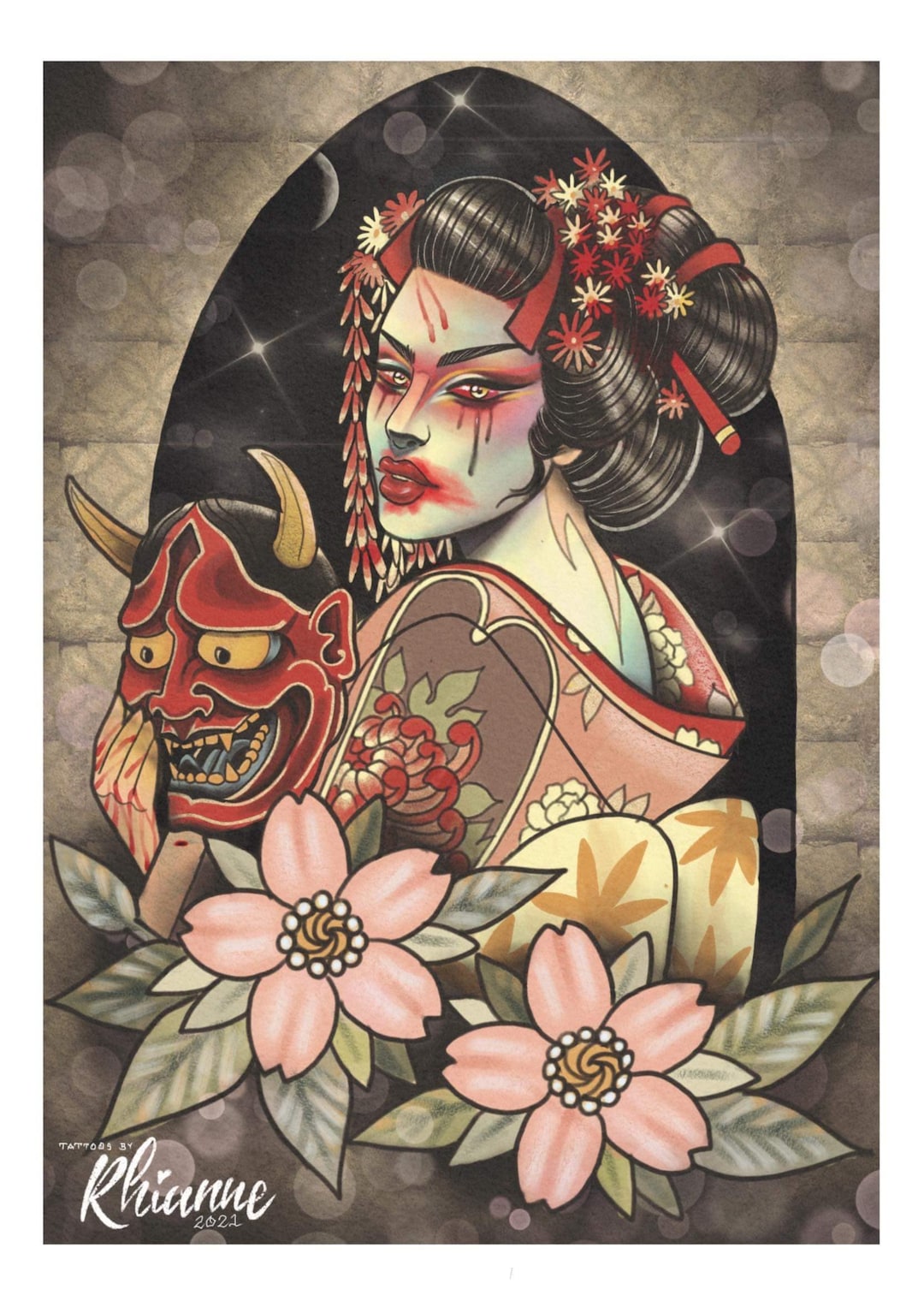 A3 Neo Traditional Japanese Geisha Lady Head Hannya Mask Cherry