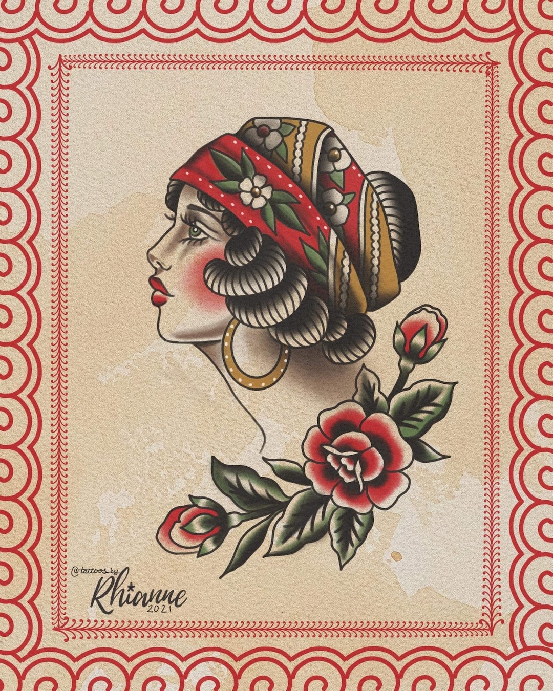 A5 Traditional Tattoo Flash Lady Head Tattoo Art Print Vintage Etsy