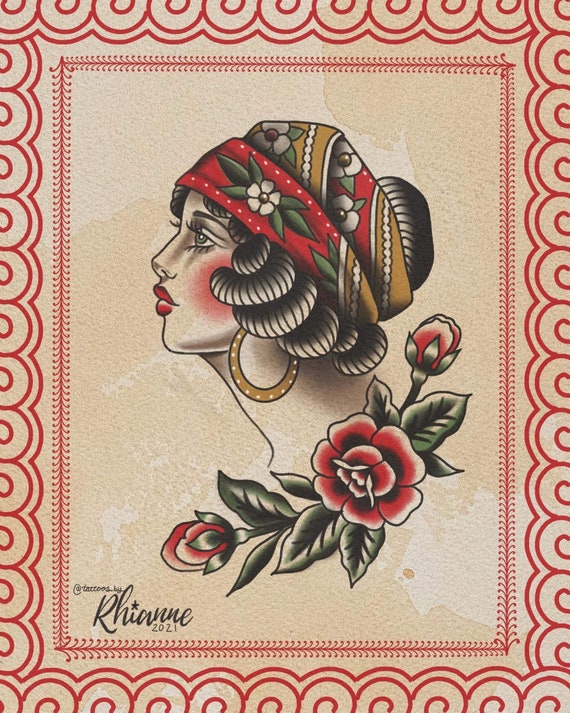 A5 Traditional Tattoo Flash Lady Head Tattoo Art Print