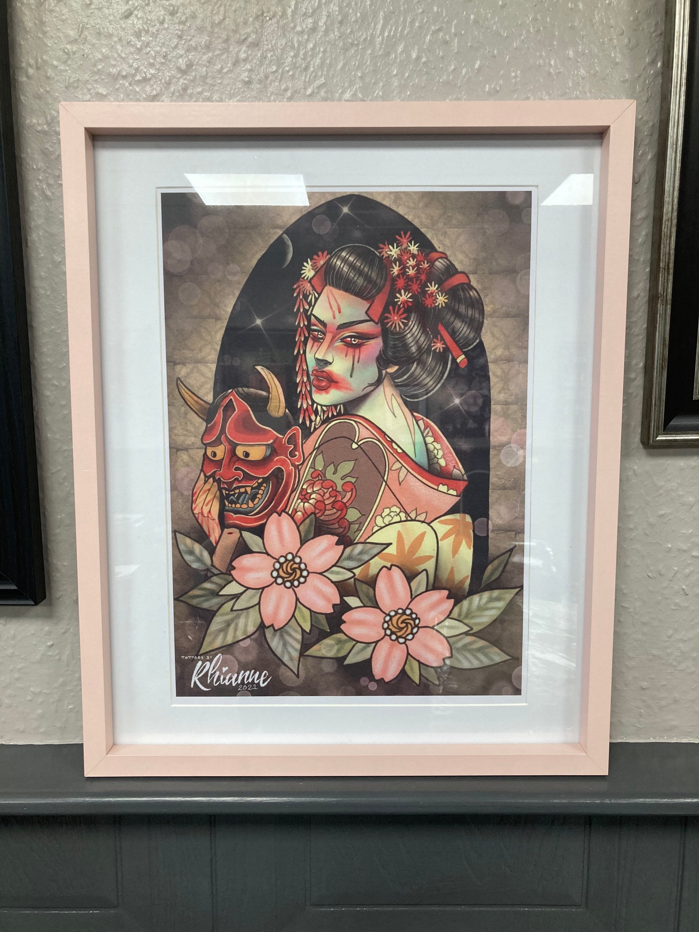 A3 Neo Traditional Japanese Geisha Lady Head Hannya Mask Cherry