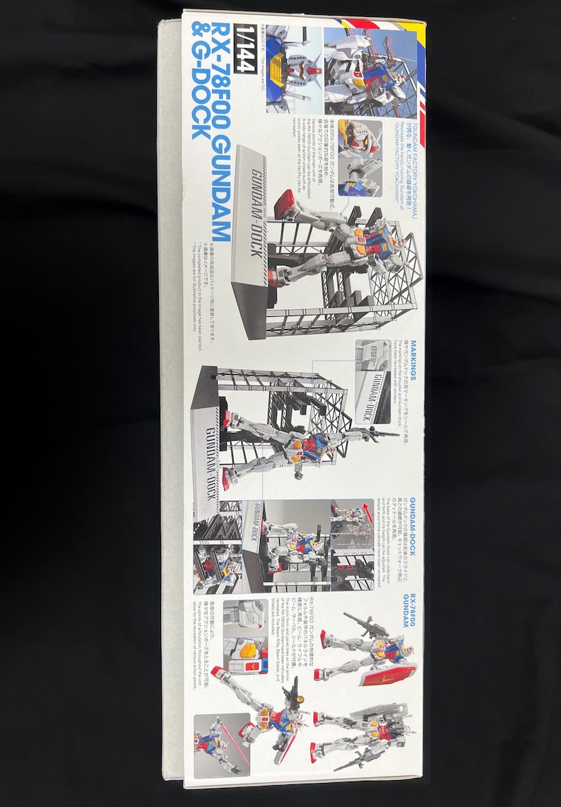 Puede incluir: Caja para un kit de modelo RX-78F00 GUNDAM a escala 1/144. La caja presenta im&aacute;genes del modelo ensamblado en varias poses, con el texto "GUNDAM-DOCK" y texto en japon&eacute;s.