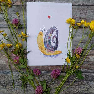 Grußkarte A6 gefaltet Schneckenmotiv, Aquarell Schnecke, Klappkarte mit Naturmalerei, Lettering A6 gefaltet mit Umschlag