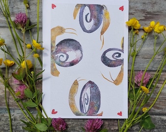 Grußkarte mit Schneckenmotiv, Aquarell von Schnecken, Klappkarte mit Naturmotiv, Illustration Schnecken A6 gefaltet mit Umschlag