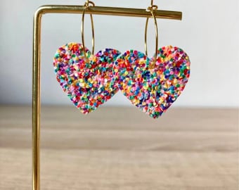 Multicolored glittered leather heart hoop earrings