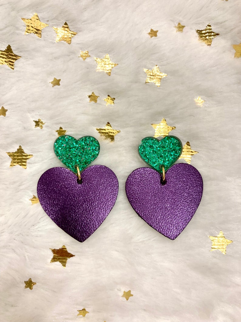 Boucles doreilles coeur vert pailleté/violet foncé image 1