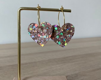 Heart hoop earrings in holographic glittered leather