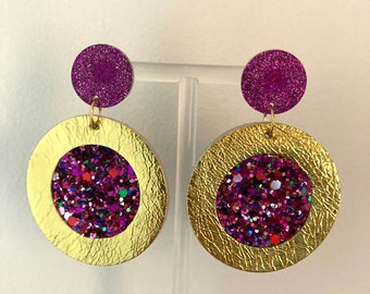 Boucles d’oreilles rondes doré/rose glitter