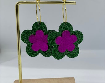 Pendientes aros Flores brillantes verde/fucsia