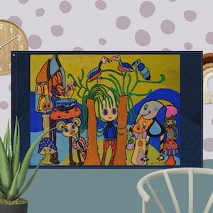 Flag -Whimsical Fantasy Art Flag - Enchanted Forest with Colorful Characters and Mushrooms