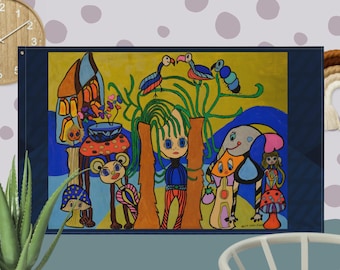 Bandera - Arte de fantasía caprichoso Bandera - Bosque encantado con personajes coloridos y hongos