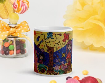 White glossy mug - Whimsical Fantasy Art Coffee Mug- Colorful illustrated Design with Animated Characters