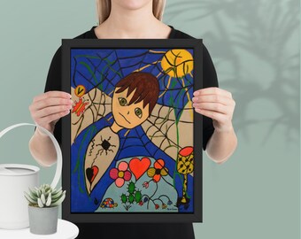 Póster enmarcado El niño perdido: impresión artística de fantasía caprichosa, decoración de pared de cuentos coloridos con telaraña, corazón y elementos de la naturaleza