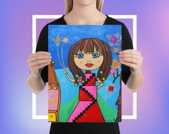 Square Pipe Girl Poster – Whimsical Fantasy Art Print with Geometric Shapes & Bold Color