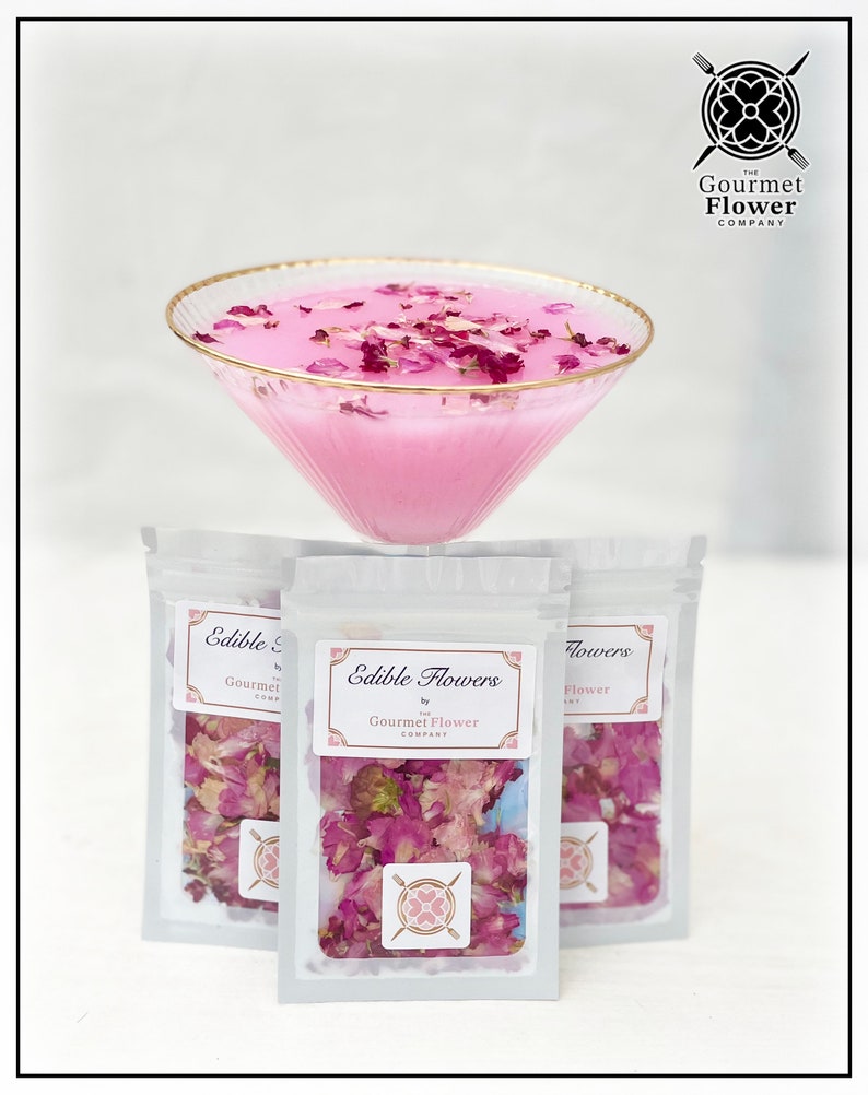 Pink dried and pressed edible flower petals are a great addition to any drink or scattered on cakes