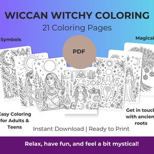 Puede incluir: Una descarga digital de páginas para colorear de Wiccan Witchy. La imagen muestra 21 páginas para colorear con símbolos místicos, ilustraciones de mujeres y el texto "Easy Coloring for Adults & Teens". El texto "Instant Download | Ready to Print" también es visible.