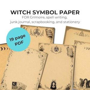 May include: A 19 page PDF set of stationery paper featuring tan parchment-style backgrounds with black ink illustrations of moon phases, stars, floral borders, and mystical symbols. The text reads WITCH SYMBOL PAPER FOR Grimoire, spell writing, junk journal, scrapbooking, and stationery.