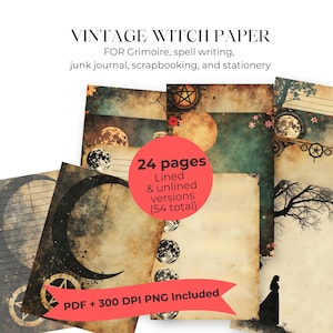 May include: A collection of vintage-style papers with celestial and occult designs. The papers feature moons, stars, and mystical elements. Text on the image reads "VINTAGE WITCH PAPER" and "24 pages". Includes lined and unlined versions.