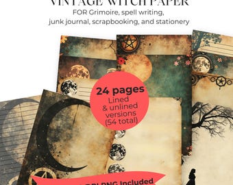 May include: A stack of vintage-style papers with celestial and occult-themed designs. The papers feature moons, stars, and other mystical elements. Text on the image reads "VINTAGE WITCH PAPER" and "24 pages". Includes lined and unlined versions.