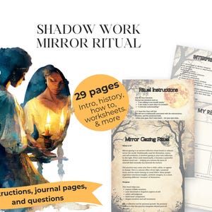 May include: Digital download featuring a watercolor illustration of two figures with a candle, with text "SHADOW WORK MIRROR RITUAL". Includes 29 pages of instructions, journal pages, and worksheets. The image also includes the text "instructions, journal pages, and questions."