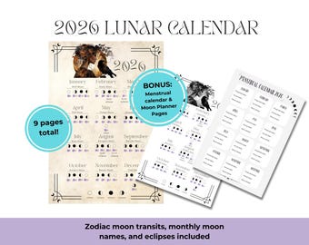 Calendario lunar 2026 con astrología y fechas de eclipses - Páginas adicionales de la agenda de Witchy