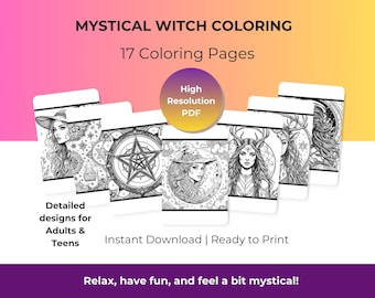 May include: A collection of 17 mystical witch coloring pages. The pages feature detailed designs for adults and teens, with images of witches, stars, and other mystical elements. The text reads "Mystical Witch Coloring" and "Instant Download | Ready to Print."