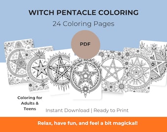 May include: A collection of 24 printable coloring pages featuring witch pentacle designs. The pages are designed for adults and teens, with intricate star and floral patterns. The image includes the text "Witch Pentacle Coloring" and "24 Coloring Pages".