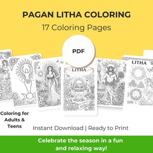 Puede incluir: Un conjunto de 17 páginas para colorear de Pagan Litha, con ilustraciones detalladas en blanco y negro. Las páginas están diseñadas para adultos y adolescentes, con el texto "Pagan Litha Coloring" y "17 páginas para colorear".