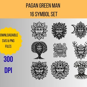May include: A collection of 16 Pagan Green Man symbols in black and white. The designs feature faces with leaf and tree-like features, some with antlers or crescent moons. Text includes "Pagan Green Man" and "16 Symbol Set."