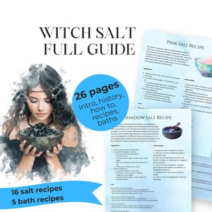 Könnte beinhalten: Eine Aquarellillustration einer Frau, die eine Schüssel mit dunklem Salz hält, mit dem Text "Witch Salt Full Guide". Der Ratgeber enthält 26 Seiten mit Rezepten und Informationen, darunter 16 Salz- und 5 Baderezepte. Rezeptseiten sind sichtbar.