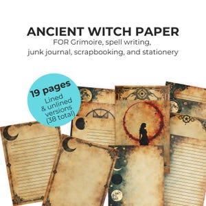 Op de afbeelding: Een verzameling vintage papieren met hemelse en occulte ontwerpen. De papieren zijn verouderd met een sepia-tint en bevatten manen, sterren en decoratieve randen. De tekst op de afbeelding luidt "ANCIENT WITCH PAPER" en "19 pagina's". Ideaal voor grimoires en journaling.
