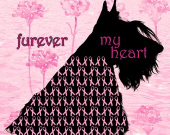 May include: A black silhouette of a Scottish Terrier dog against a light pink background with watercolor flowers. The dog's body is filled with a repeating pattern of small pink awareness ribbons. The text furever my heart is printed in pink.