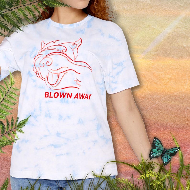 Blown Away Scottie - Blue and White Tie Dye Shirt. Illustration of orange-red Scottie Head with wind blowing through the beard. Image of woman wearing tshirt.
