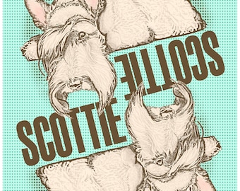 May include: A graphic illustration featuring two beige Scottish Terrier dogs positioned in opposite directions against a light teal background with a dark dot pattern. The word SCOTTIE is printed in brown capital letters between the two dogs.