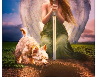 May include: A digital illustration featuring a winged figure in a green dress kneeling and holding a vertical sword. Beside the figure, a small, light-colored terrier dog with a yellow collar looks into a hole in the ground containing gold bars.