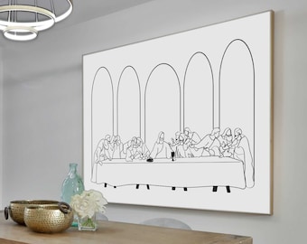 May include: A black and white line drawing of the Last Supper hangs above a wooden dining table with two chairs. The table is set with a vase of white flowers, two bowls, and a clear glass bottle.