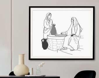Jesus & the Woman of Samaria, Black and White Minimalist Christian Line Art, Modern Bible Verse Wall Art, Gift for bestfriend, Christian Art