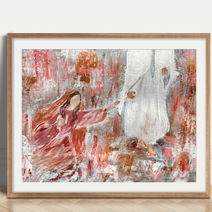 Abstract Red Painting: Woman Touches Jesus Hem DIGITAL DOWNLOAD Biblical Contemporary Prints Modern Jesus Art Christian Church Wall Decor