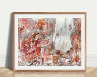 Abstract Red Painting: Woman Touches Jesus Hem DIGITAL DOWNLOAD Biblical Contemporary Prints Modern Jesus Art Christian Church Wall Decor